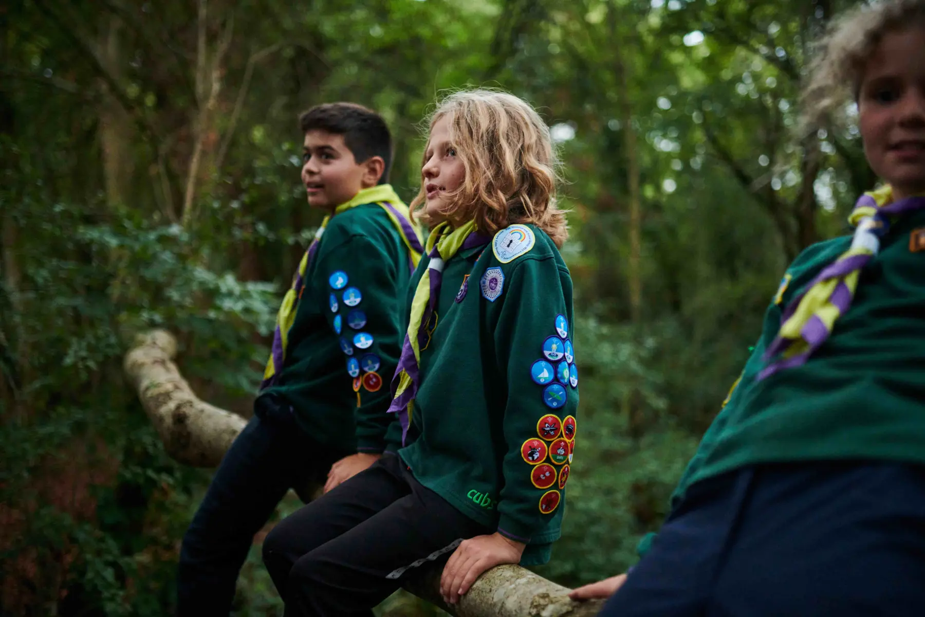Scouts sitting along a log representing the scout and beacon approach to identifying emergent benefits