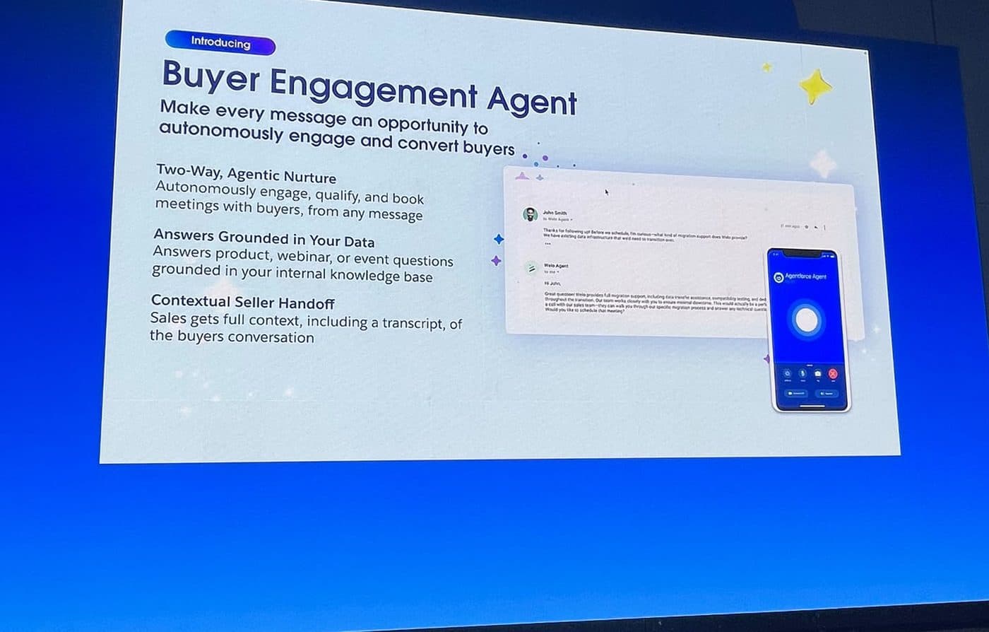 Salesforce slide introducing the Buyer Engagement Agent: agentic nurture, grounded answers, seller handoff