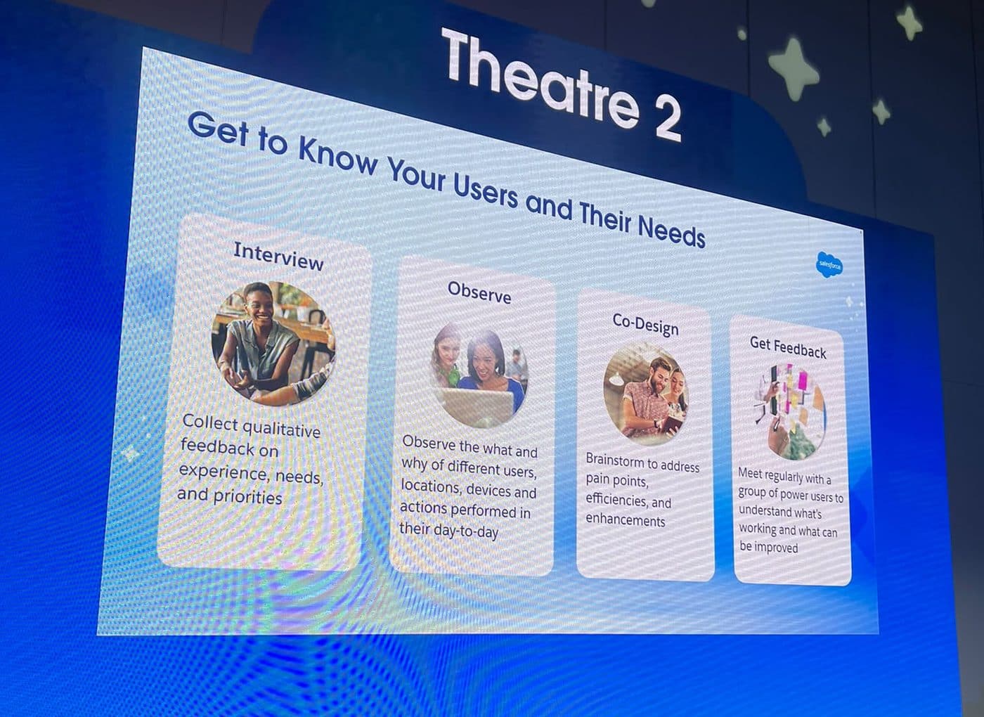 Salesforce slide in Theatre 2: get to know your users and their needs. Interview, observe, co-design, get feedback