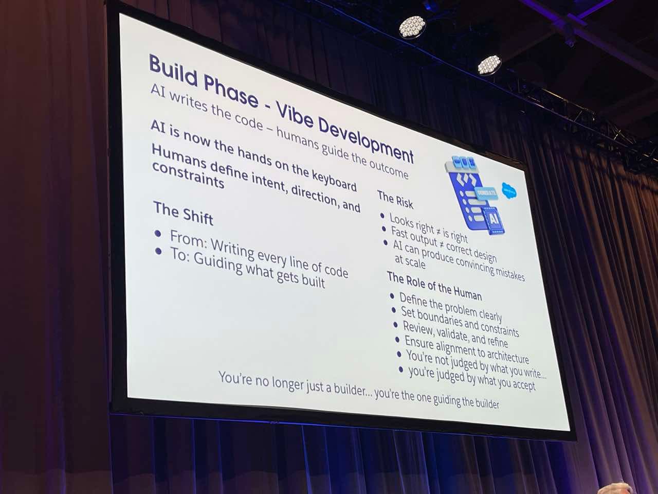 Architecting AI session slide: Build phase, vibe development bounded by architectural discipline.