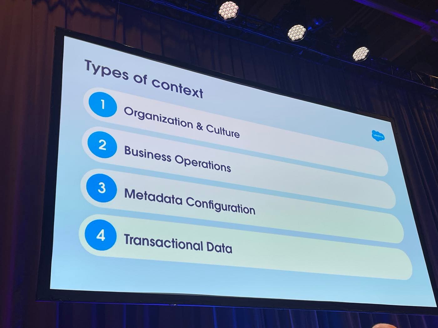 Types of context slide from TDX 2026: organisation and culture, business operations, metadata configuration, transactional data