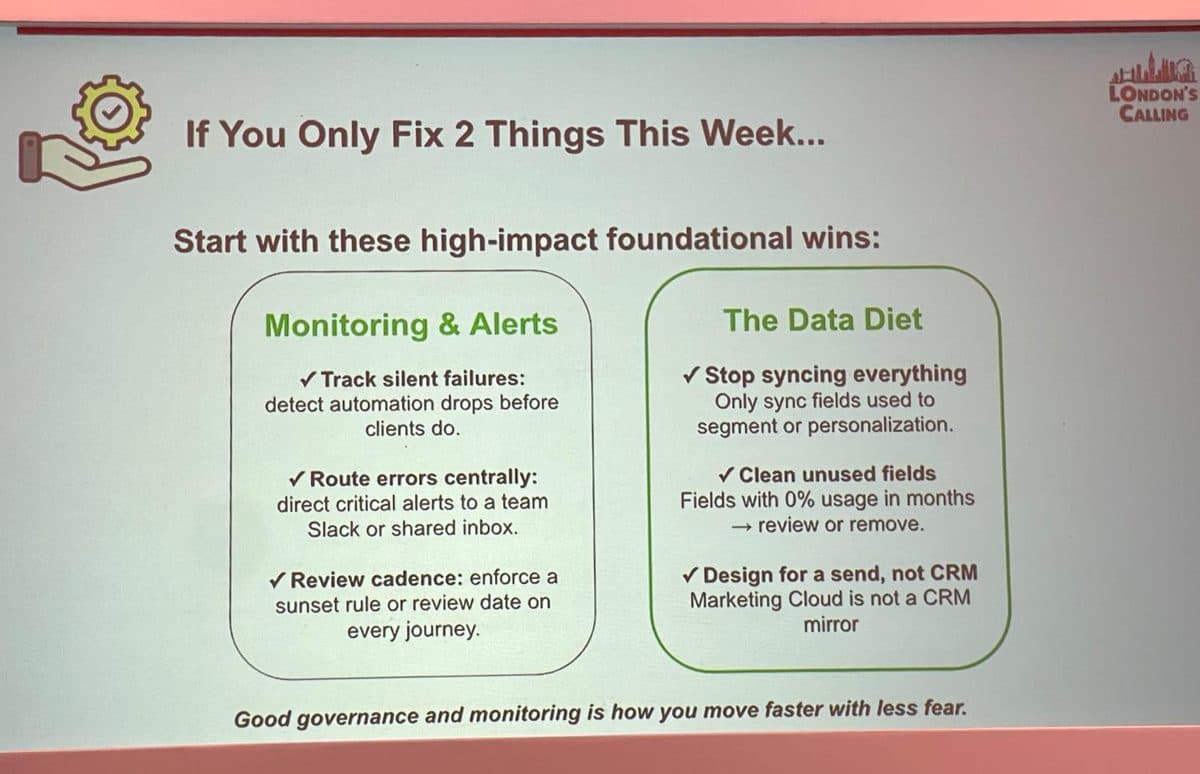 Slide titled if you only fix two things this week: monitoring and alerts to catch silent failures, and the data diet to stop syncing everything