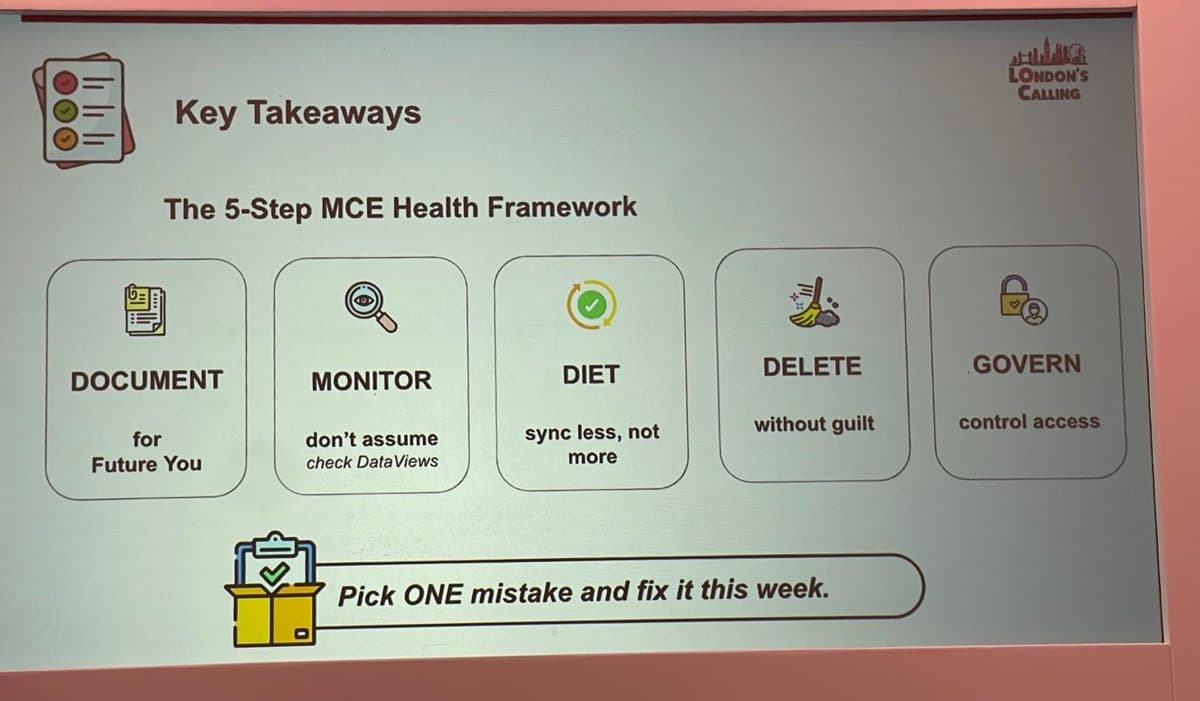 The five step Marketing Cloud Engagement health framework: document for future you, monitor and check data views, diet and sync less, delete without guilt, and govern to control access