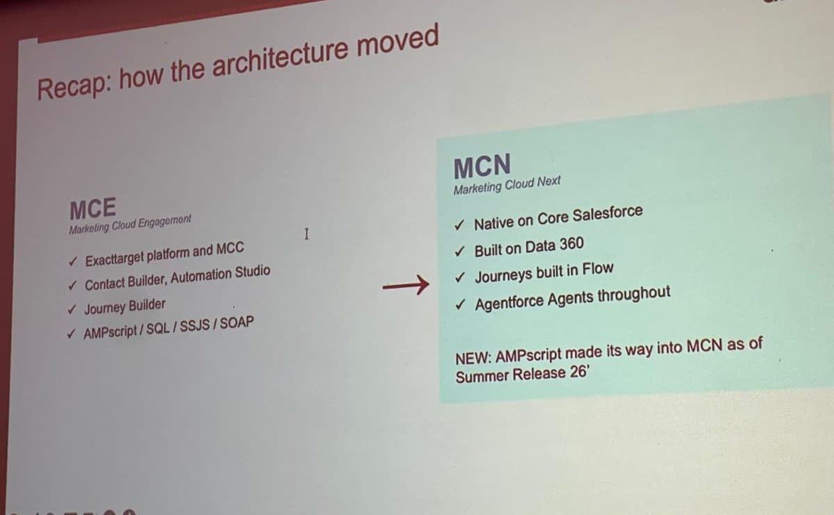 Slide comparing Marketing Cloud Engagement, built on ExactTarget, with Marketing Cloud Next, native on core Salesforce and built on Data 360 with journeys in Flow and Agentforce throughout