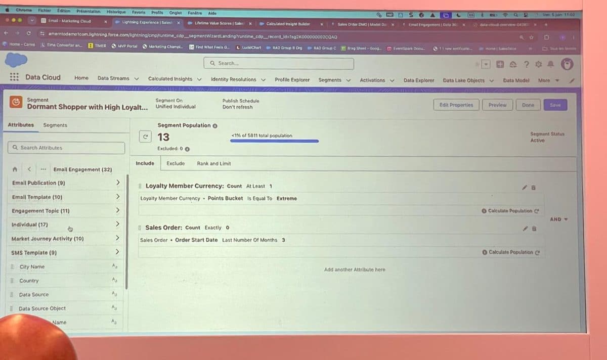 Segment builder in Data Cloud showing a Dormant Shopper with High Loyalty segment built from natural language, with include, exclude and rank and limit options
