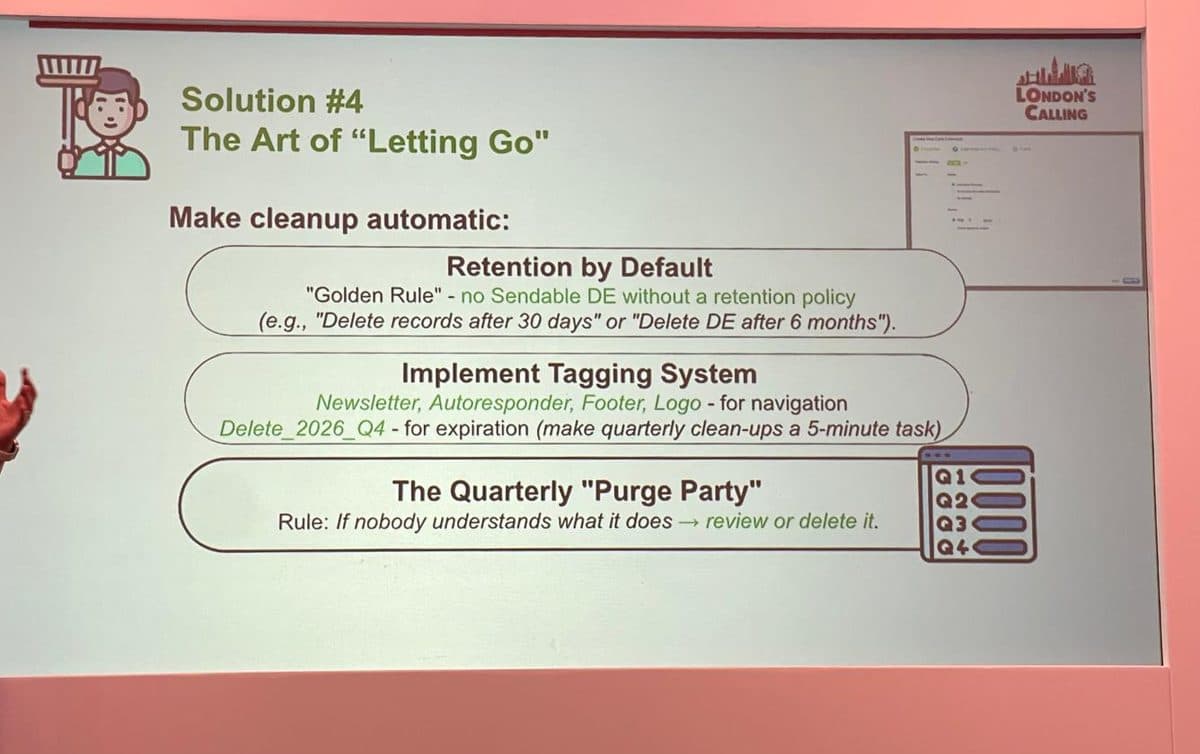 Slide on the art of letting go: retention by default with a golden rule of no sendable data extension without a retention policy, a tagging system, and a quarterly purge party